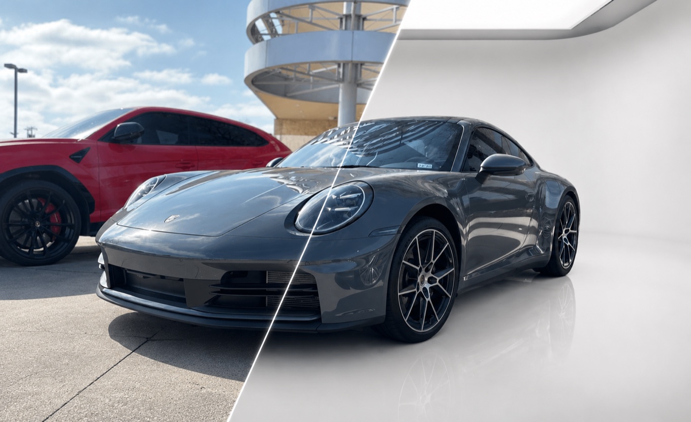 A gray Porsche 911 mid-transformation: the front still parked on a dealership lot at dusk, the rear already standing in a clean bright studio
