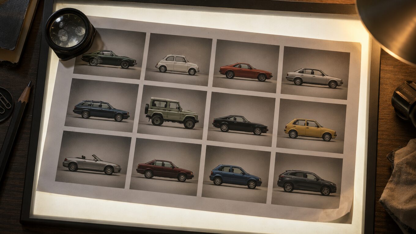 A contact sheet of vehicle photographs on a light table, every car framed at the same angle and the same size, with a loupe resting on one corner