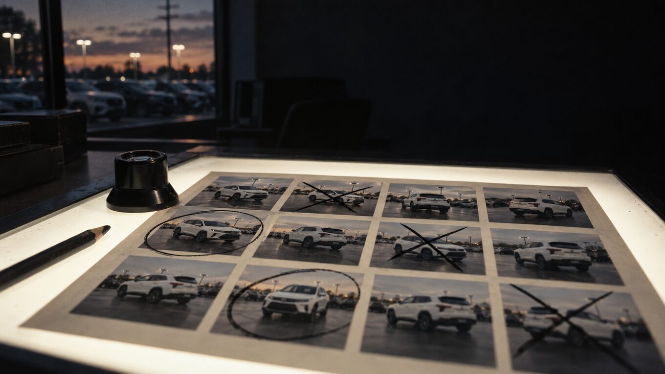 A contact sheet of twelve photos of the same white SUV on a light table, with three frames crossed out, two circled, and a loupe beside it