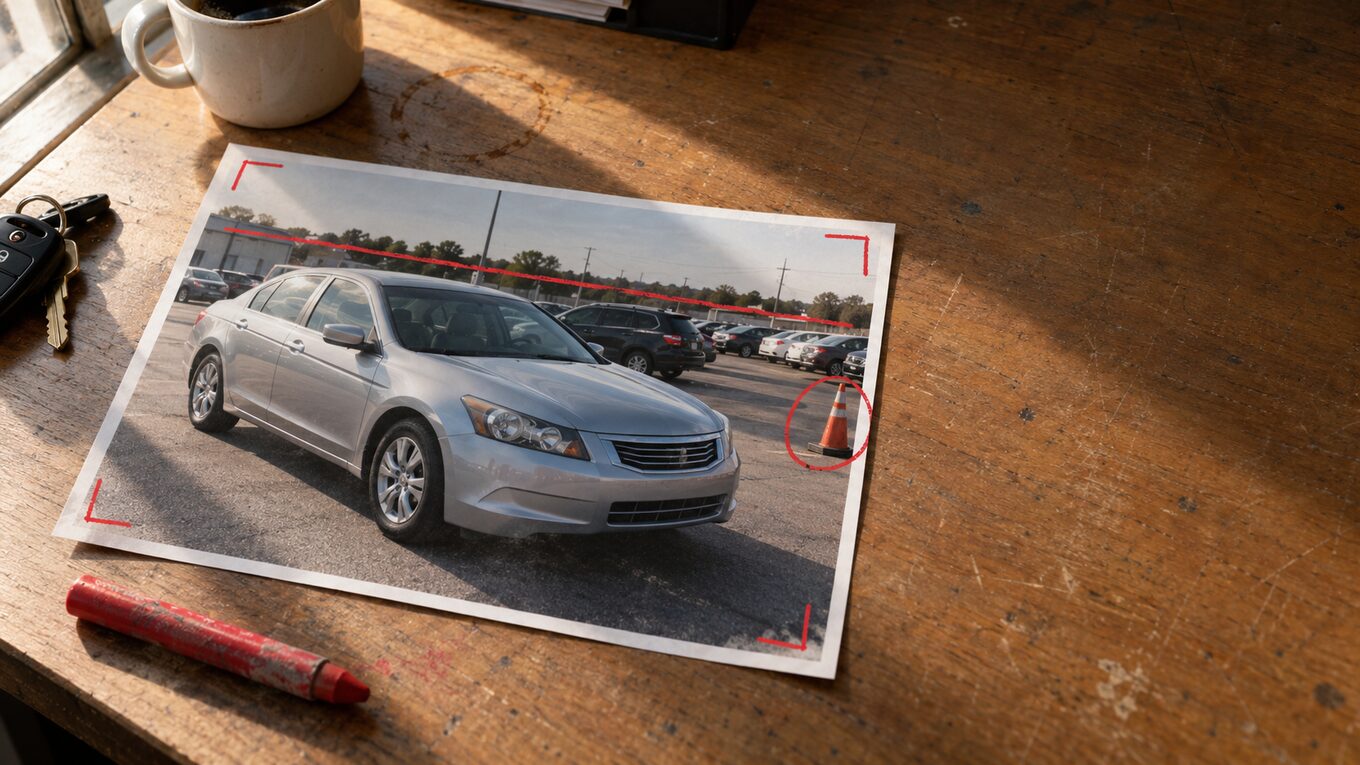 A print of a silver sedan on a dealership lot, marked up in red grease pencil with a line along the tilted horizon, crop corners, and a circle around a traffic cone