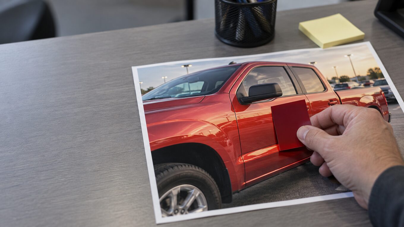 A hand holding a deep cherry red paint chip against a print of a red pickup truck whose paint has printed as a warmer orange red