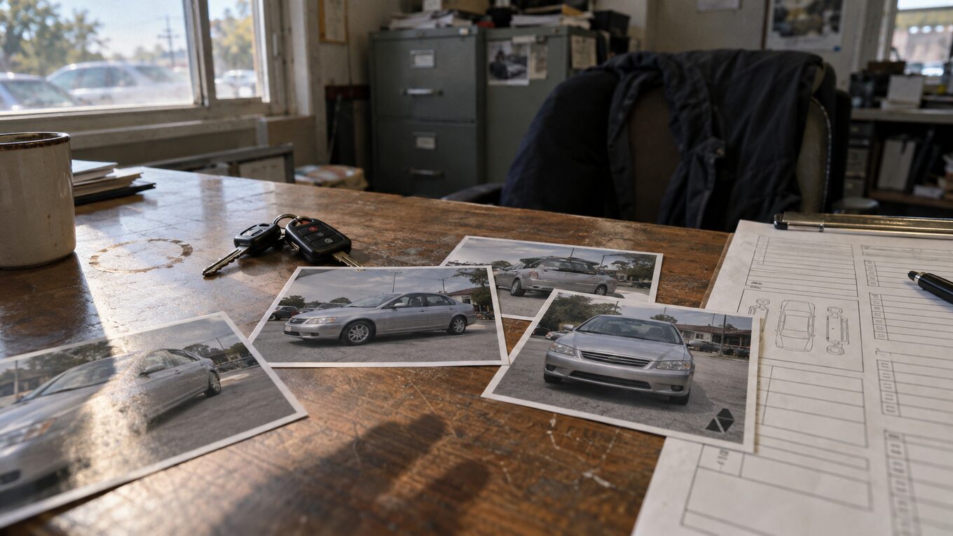 Printed listing photos of a silver sedan fanned across a dealership office desk, one carrying a small mark in its corner, beside car keys and an inspection form