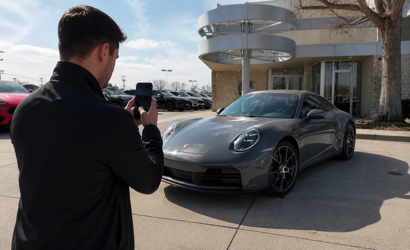 A salesperson photographing a gray sports car with a phone on a dealership lot, holding the camera at the car's beltline height