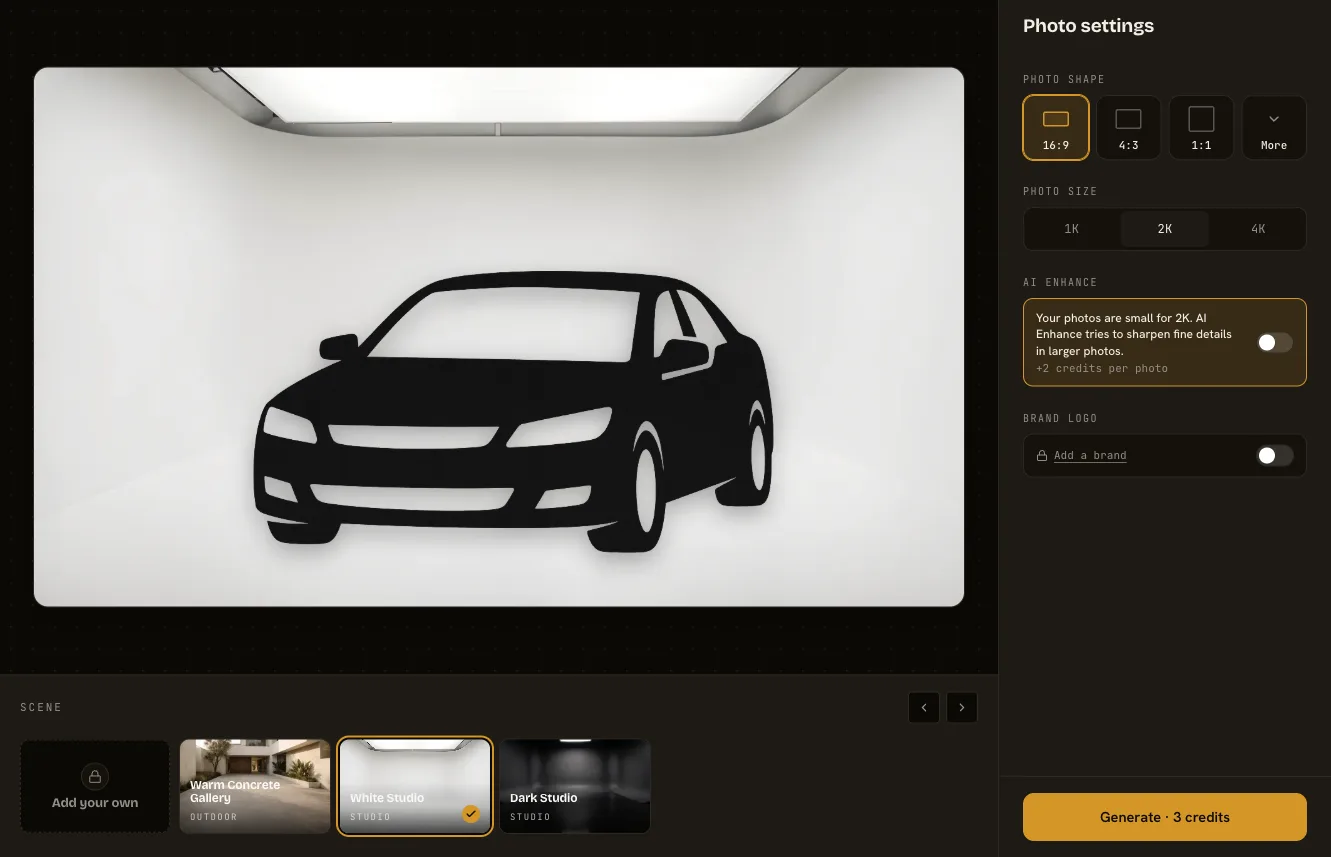Studio settings with an example car in the White Studio scene, with 16:9 and 2K selected